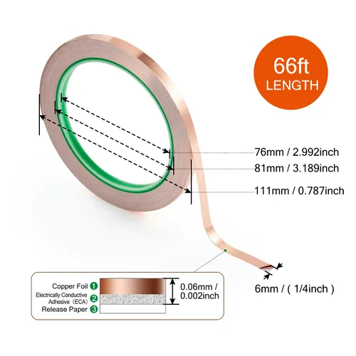 Miniatura 6 de CHANZON Cinta de lámina de cobre de 0.236 in 1/4 pulgadas x 66 pies, adhesivo conductor de doble cara para vidrieras, soldadura, electricidad