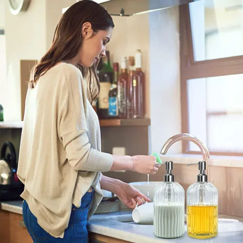 Miniatura 5 de Dispensador de jabón de vidrio transparente de 18 onzas, paquete de 2 dispensadores de jabón para platos de manos para baño con bomba de acero