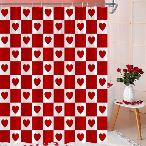 Cortina de ducha para el día de San Valentín, color rojo y blanco, amor, corazón, romántico, amante, niñas, mujeres, cortinas de baño, decoración de
