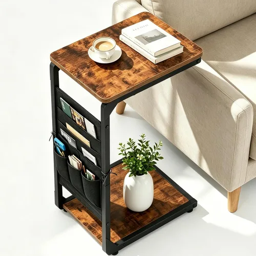 Miniatura 14 de Bandejas de TV con pedestal de madera para comer en mesas de sofá que se deslizan por debajo, mesa auxiliar en forma de C, mesa auxiliar para sofá