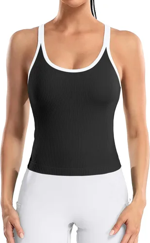 Miniatura 102 de ATTRACO Camiseta corta acanalada de entrenamiento para mujer con brasier integrado para yoga, espalda cruzada, ajuste ajustado