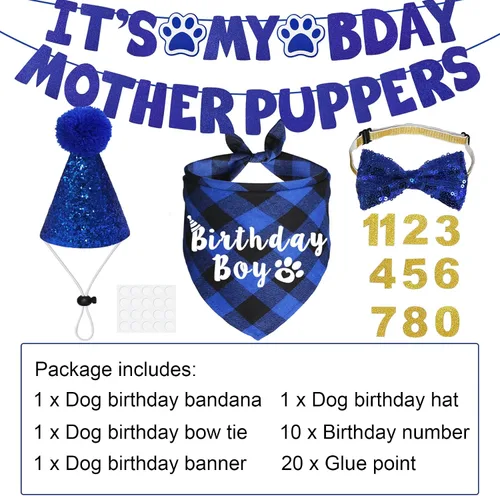 Miniatura 3 de Suministros para fiesta de cumpleaños para perros, sombrero de cumpleaños para perro de varios tamaños con números, bandana, pajarita, cartel