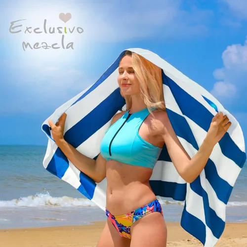 Miniatura 2 de Juego de toallas Exclusivo Mezcla, 4 toallas de playa, a rayas, 30 x 60 pulgadas y 35 x 70 pulgadas, de algodón Rojo/Turquesa/Amarillo/Azul Océano