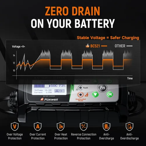 Miniatura 6 de FOXWELL BC521: cargador de batería de coche de 12 V con probador, mantenedor de batería inteligente 4 en 1 5A, prueba de estado de la batería