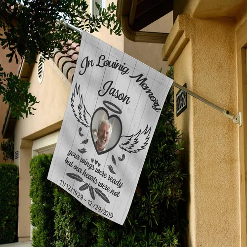 Miniatura 5 de Bandera conmemorativa personalizada para jardín, en memoria amorosa, bandera de condolencias personalizada con nombre y fecha de foto, banderas
