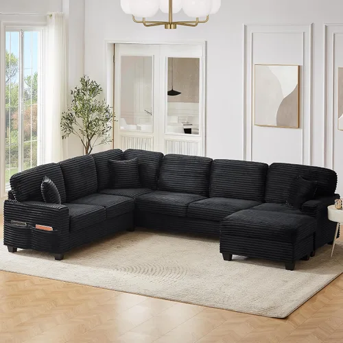 Miniatura 13 de Sofá modular de gran tamaño, moderno en forma de U, tapizado en pana suave con una tumbona para sala de estar