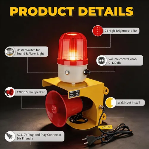 Miniatura 4 de AC110V Sirena Industrial de Alarma con Luz Estroboscópica - Bocina Fuerte de 120dB y Luz de Advertencia de Baliza Roja Impermeable para Emergencias