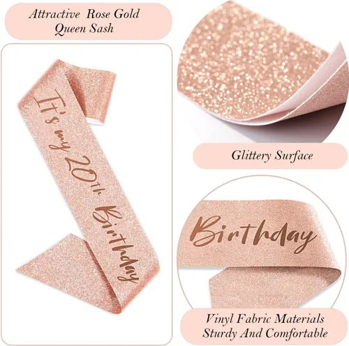 Miniatura 5 de Decoraciones de cumpleaños número 20 para mujer, banda y corona de cumpleaños, decoración de pastel y velas, globos de números, regalos de 20