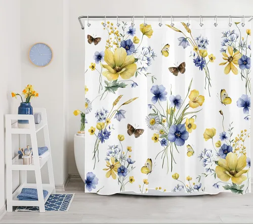 Miniatura 2 de HVEST Cortina de ducha floral de granja con ganchos, flor azul y amarilla y mariposa sobre blanco, cortina de ducha para baño, juego de cortinas