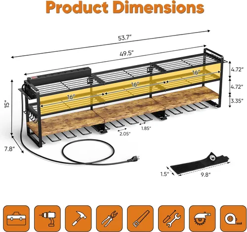 Miniatura 6 de POKIPO Organizador grande de herramientas eléctricas de 49.5" de ancho con estación de carga, estante de utilidad resistente de 4 capas soporta 800