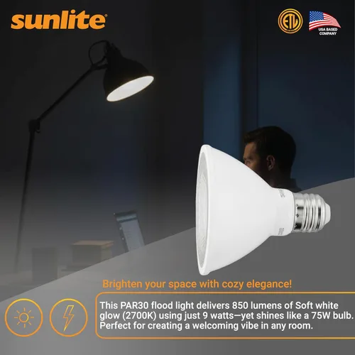 Miniatura 5 de Sunlite 40979-SU - Bombilla LED PAR30 de cuello corto, 9 vatios, (equivalente a 75 W), 750 lúmenes, base de tornillo medio (E26), regulable, Blanco