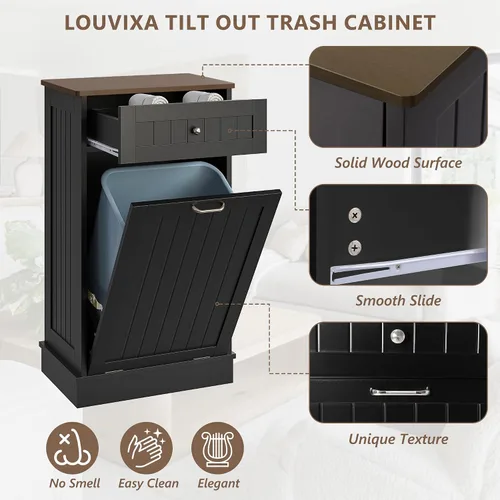 Miniatura 8 de LOUVIXA Gabinete de basura inclinable, armario de basura oculto con cajón, soporte de madera para basura a prueba de perros, cesta de lavandería