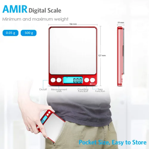 Miniatura 6 de AMIR Báscula digital de cocina mejorada, 17.76 oz de bolsillo para joyas, báscula de alimentos para cocinar con pantalla LCD retroiluminada, 2 Rojo