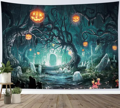 Miniatura 39 de HVEST Tapiz de Halloween de luna llena, lápida de cuervo negro, árbol muerto, tapiz para dormitorio, cementerio gris aterrador, bosque, decoración