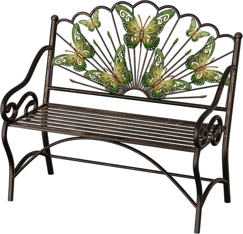 Miniatura 8 de Banco para exteriores de 39.7 pulgadas, banco de jardín, banco de patio con reposabrazos, asiento de listones y respaldo con patrón de mariposa