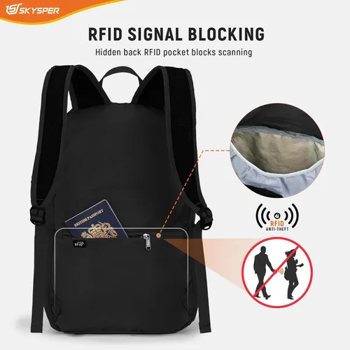 Miniatura 2 de SKYSPER Mochila pequeña de senderismo para hombres y mujeres, 20L RFID, plegable, ultraligera, plegable, mochila de viaje Negro
