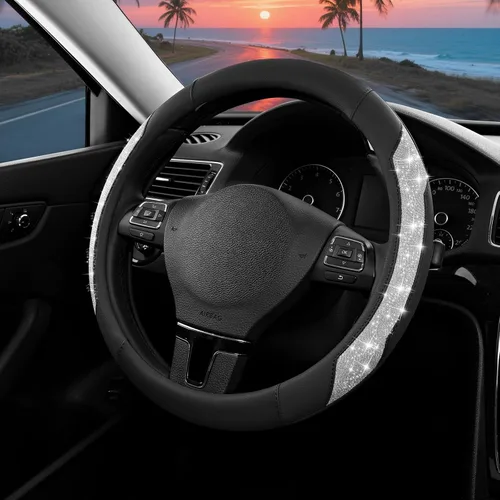 Miniatura 10 de PIC AUTO Funda para volante, purpurina de cristal brillante con cuero negro, ajuste universal de 14.5 a 15.5 pulgadas para volantes de automóvil