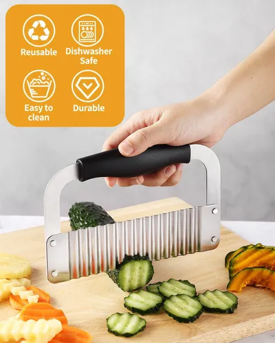 Miniatura 5 de Cortador Ondulado de Acero Inoxidable Cortador de Papas de Servicio Pesado Herramientas de Corte Ondulado y Picado con Mango de Madera