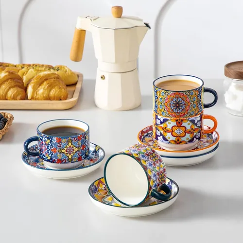 Miniatura 8 de vancasso Juego de 4 tazas de café espresso apilables de 8 onzas con platillos y soporte de metal, tazas de capuchino de cerámica bohemia, aptas