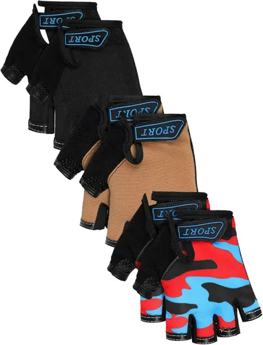 Boao 3 pares de guantes de medio dedo para niños guantes de deporte antideslizantes de gel para niños Ciclismo de montar en bicicleta, azul, gris