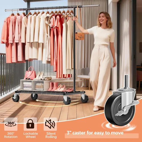 Miniatura 3 de Perchero resistente – Carga de 500 libras, perchero con ruedas y estantes con cerradura, estante extensible para dormitorio, lavandería, sala