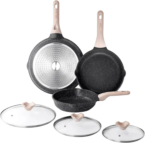 Kordisen - Juego de sartenes antiadherentes con tapas, juego de 3 sartenes, utensilios de cocina antiadherentes para inducción, mango de Granito