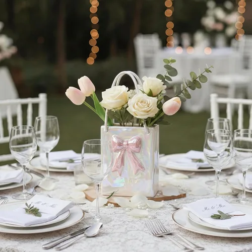 Miniatura 5 de Jarrón de flores con lazo rosa de 7.16 pulgadas, florero de cerámica para colgar, decoración de coqueta, centro de mesa de San Valentín para estante