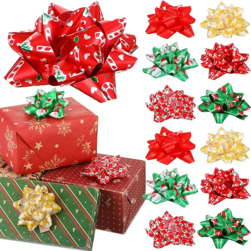 Paquete de 24 lazos de Navidad para envolver regalos, lazos de regalo, cinta autoadhesiva de estrella de Navidad para regalos de Navidad y regalos