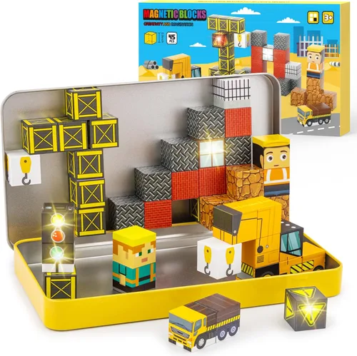 Aywewii Bloques magnéticos de viaje, 45 piezas, juguetes de viaje para niños de 3 a 5 años, cubos de construcción magnéticos, juego de aprendizaje