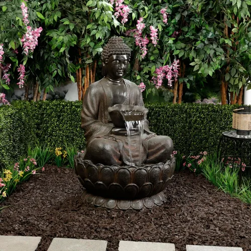 Miniatura 8 de Alpine Corporation WIN1586 Fuente de Buda pacífica para exteriores con luces LED, fuente de agua de jardín de Buda, 44 pulgadas de alto, marrón