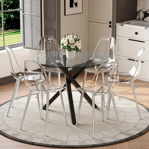 Miniatura 48 de Juego de mesa de comedor redonda para 6, juego de mesa de comedor de vidrio de 39 pulgadas con base de metal ajustable dorada en forma de X y 6