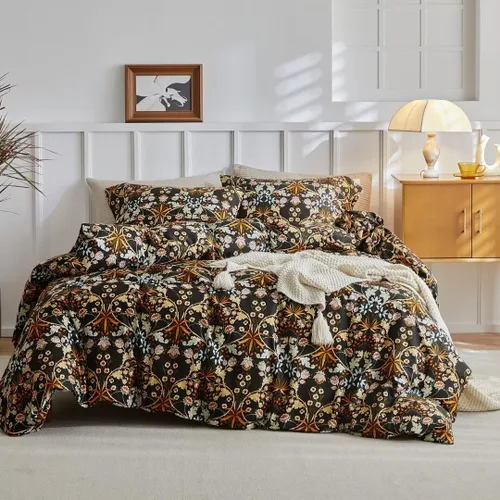 Miniatura 11 de MKXI Juego de funda de edredón tamaño Queen con diseño floral dorado, muselina con textura, estilo granja, flores amarillas, jacquard, funda