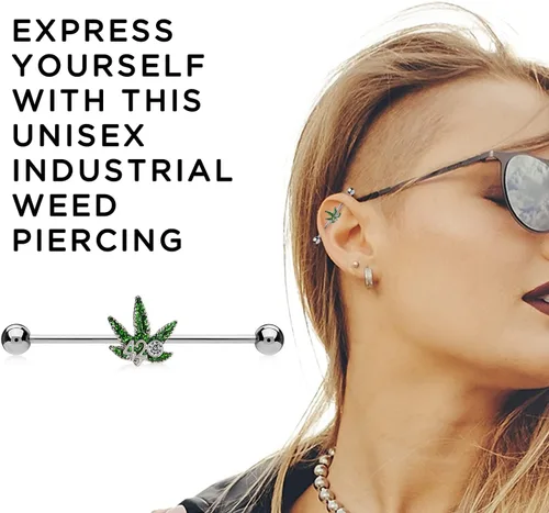 Miniatura 6 de Pierce2GO 420 Weed - Piercing de oreja industrial de acero inoxidable de grado quirúrgico 316L con circonita cúbica, piercing de oreja con colgante