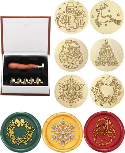 Kit de sello de cera de Navidad Yoption, juego de 6 cabezas de sello de cera con 1 mango de madera para tarjeta de invitación de fiesta, decoración
