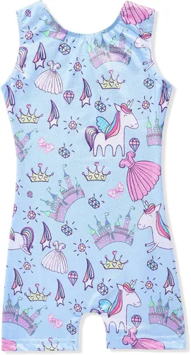 Miniatura 156 de HOZIY - Leotardos de gimnasia con pantalones cortos brillantes para niñas pequeñas; estampados de unicornio, aurora, arco iris, sirena, dinosaurio