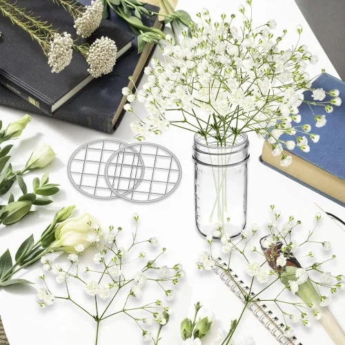 Miniatura 3 de DLAND Paquete de 20 tapas de rejilla con arreglos florales para tarros Mason – Insertos de rana de flores de metal resistentes al óxido con rejillas