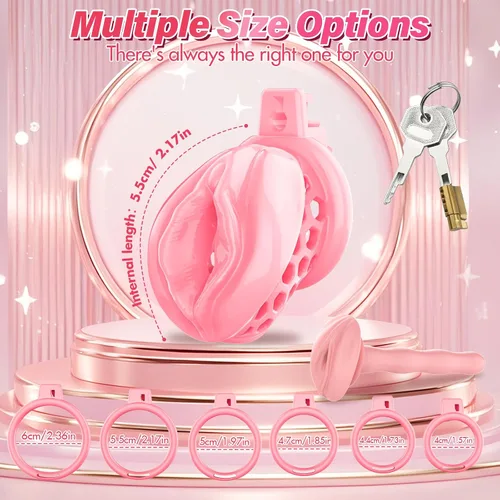Miniatura 7 de Jaula de castidad masculina – Jaula de pene suave y ligera con vagina y clítoris realistas y anillos de 6 tamaños, cómodo dispositivo de castidad