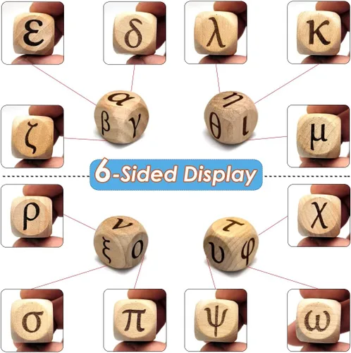 Miniatura 4 de Juego de dados de madera del alfabeto griego, 24 letras griegas talladas, cubos rodantes para juegos de fiesta de enseñanza