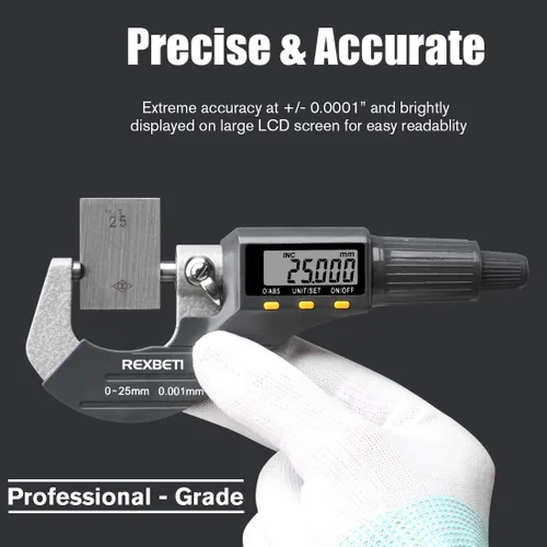 Miniatura 3 de REXBETI Micrómetro digital, herramientas de medición profesionales en pulgadas/métricas de 0.00005"/0.001 mm, calibre de grosor de resolución, funda