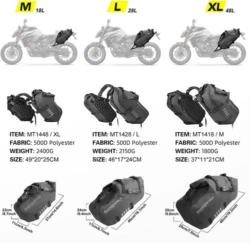 Miniatura 3 de Rhinowalk Bolsas de sillín impermeables antivibración para motocicleta, bolsas laterales para moto, bolsas de hombro para moto, alforjas de moto 18L