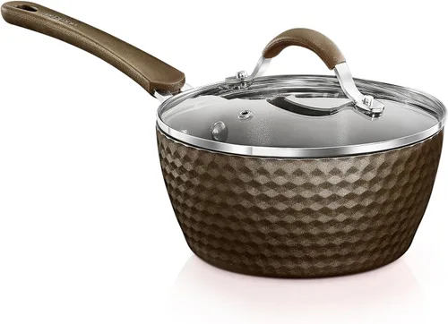 NutriChef Olla de salsa duradera con tapa, antiadherente de alta calificación con tapas de vidrio templado transparente, 1.7 cuartos de galón,
