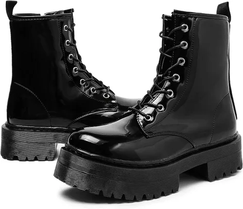 Miniatura 3 de KEIIYJ Botines gruesos de combate con cordones de plataforma para mujer en negro (KEY1)