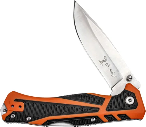 Miniatura 5 de Elk Ridge Outdoors - Cuchillo plegable manual - Trek, hoja de punta de gota de satén de borde fino, mango TPR naranja y negro, bloqueo trasero, clip