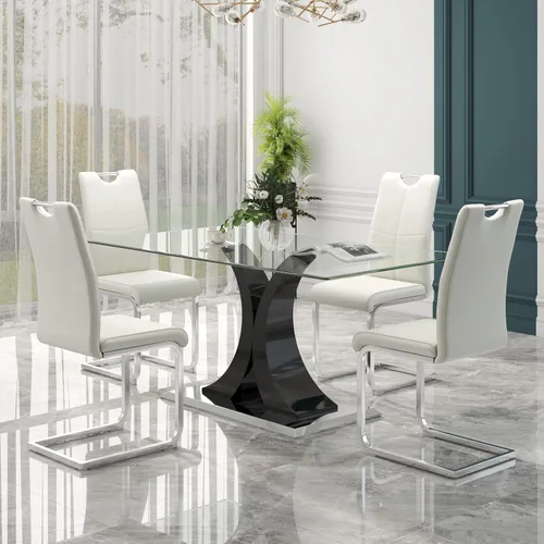 Miniatura 14 de Juego de comedor moderno de vidrio de lujo de 5 piezas, juego de cena rectangular minimalista grande para 4, juego de mesa de cocina de vidrio