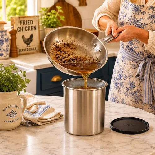 Miniatura 4 de Oggi 7324 Recipiente de acero inoxidable para aceite con filtro extraíble, 1 qt, 1 Cuarto de galón, Stainless