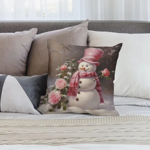 Miniatura 7 de Funda de cojín de muñeco de nieve con rosas rosadas, bufanda y sombrero, funda de almohada para cama, decoración moderna para sofá, dormitorio, sala