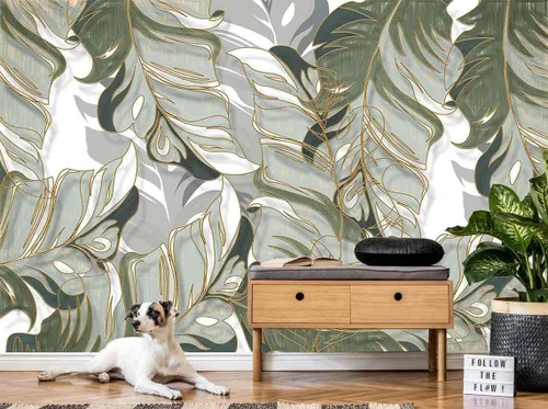Miniatura 2 de Bormia - Mural de pared pintado a mano, plantas tropicales, hojas, líneas, luz de lujo, papel tapiz para sala de estar, dormitorio, 108 x 75 045