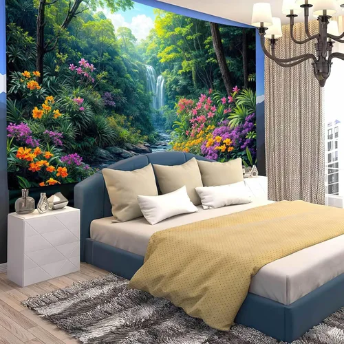 Miniatura 3 de Tapiz de cascada de bosque, flores de paisaje natural, tapices para colgar en la pared para hombres y niños, decoración de arte de pared, decoración
