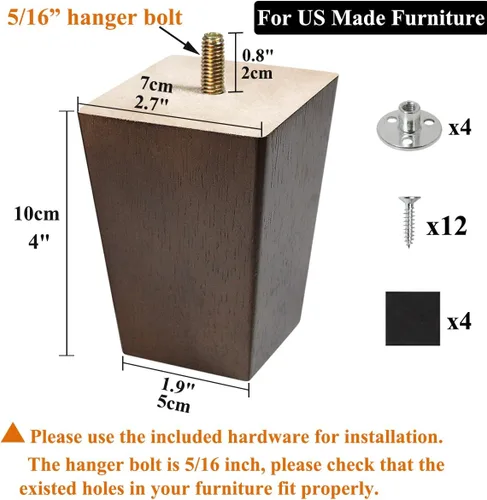 Miniatura 2 de Juego de 6 patas de madera para muebles de 4 pulgadas, patas cuadradas para sofá, patas de repuesto modernas de mediados de siglo para sillón