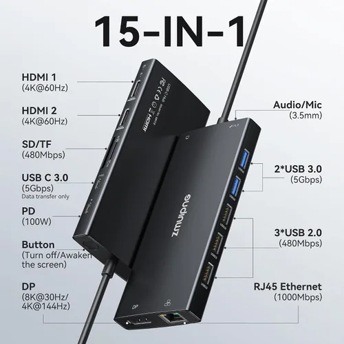 Miniatura 2 de Hub USB C Estación de acoplamiento USB C Monitor dual 4K@60Hz+DP 8K@30Hz para Dell HP, Estación de acoplamiento para portátil 3 monitores 15 en 1